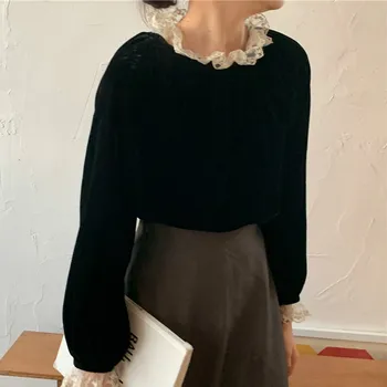 Ezgaga Prancūzų Stiliaus Vintage Marškinėliai Moterims Nėrinių Kratinys Balck Aksomo Viršūnes Prašmatnus 2020 M. Rudens Mados Marškinėliai Office Lady Elegantiškas