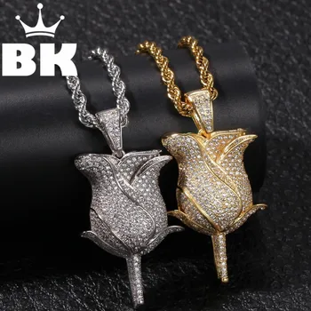 THE BLING KING Custom Rožių Gėlių Karoliai Hip-Hop Visą Lediniame Iš Kubinis Cirkonis aukso skiedra CZ Stone