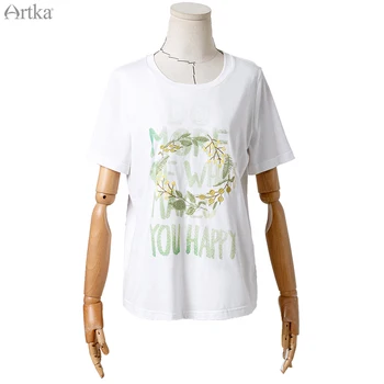 ARTKA 2020 metų Vasaros Naują Moterys T-shirt 3 Spalvų Elegantiška Siuvinėjimas O-Kaklo T-shirt Prarasti trumpomis Rankovėmis Balti marškinėliai Moterims TA20003X