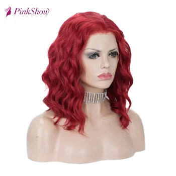 Pinkshow Raudoni Nėriniai Perukas Trumpas Sintetinių Nėriniai Priekiniai Perukai Moterims, Giliai Banga Plaukai Atsparus Karščiui Pluošto Cosplay Perukas