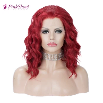 Pinkshow Raudoni Nėriniai Perukas Trumpas Sintetinių Nėriniai Priekiniai Perukai Moterims, Giliai Banga Plaukai Atsparus Karščiui Pluošto Cosplay Perukas