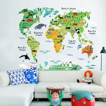 Gyvūnų pasaulio žemėlapyje, sienų lipdukai, vaikų kambario, miegamojo, vaikų darželyje, klasėje sienos fone dekoro nuimamas sienos lipdukai meno