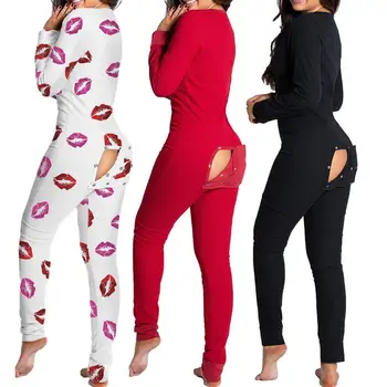 Seksualus Pyjama Moterų Jumpsuit Lady Pajama Kostiumas Atgal Užpakalis Asilas Bum Atidaryti Pižama Loungewear Mygtuką Atvartu Jumpsuit
