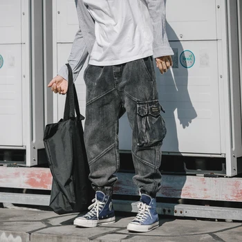 Japonų Mados Vyrų Džinsai Palaidi Tinka Juoda Pilka Didelis Kišenėje Krovinių Kelnės Derliaus Dizaineris Streetwear Hip-Hop Džinsai Vyrams Poilsiu