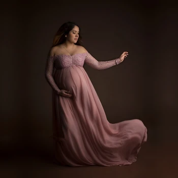 Dusty Pink Ilgą Šifono Motinystės Fotografija Suknelė Saldus Širdies Motinystės Nėrinių Suknelės Už Nuotrauką Šaudyti Ritininės Atidaryti Nėštumo Suknelė