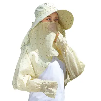 Moterys Vasarą Dulkėms Platus Kraštų Saulės Skrybėlę veidui Dot Spausdinti Anti-UV ilgomis Rankovėmis Skara Skara ant Kaklo Atvartu Padengti Paplūdimio Kepurė