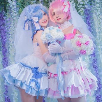 Anime! Re:Gyvenimas Kitame Pasaulyje Nuo Nulio Ram Rem Vestuvių Suknelė Vienodas Cosplay Kostiumas Moterims 2018 Naujų Karšto Nemokamas Pristatymas
