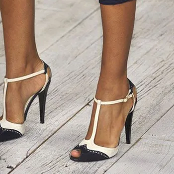 SHOFOO batai,Saldus madingų moterų batai, juodos ir baltos spalvos PU, diržo sagtis, about11 cm stiletto sandalai.DYDIS:34-45