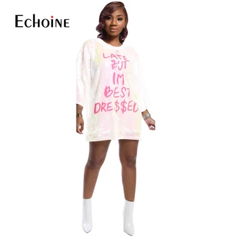 Echoine Moterų spalvingas Blizgančių Blizgučiais Laiškas Spausdinti Kratinys Seksualus Suknelės Šalies Klubo Marškinėlius mini Suknelė Hip-Hop Vestidos