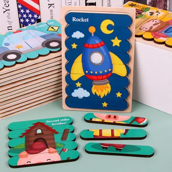 Dvipusis 3D Puzzle Animacinių filmų Juostos Medinių Kūrybos vaikų Žaislų Pasakoti Istorijas Krovimas Dėlionės Montessori Žaislas Vaikams