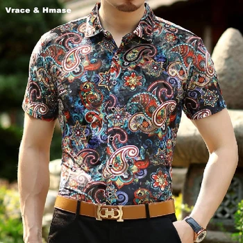 Nacionalinės stiliaus Anakardžių gėlių spausdinimo mados slim trumpas rankovės marškinėliai Vasaros Naujos kokybės šilko tuščiaviduriai kvėpuojantis shirt vyrai, M-3XL