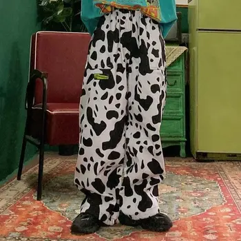 QWEEK Pieno Karvė Spausdinti Kelnės Moterims Prarasti Pločio Kojų Kelnės Moterims Streetwear Moterų Negabaritinių Kelnės Plius Dydis Palazzo Kelnės