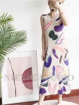 Long Maxi suknelės moterims vasaros 2020 Miyake Plisuotos vyšnių boho suknelė meilės gėlių spausdinti plius dydis rankovių paplūdimio suknelė