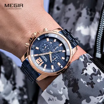 MEGIR 2020 Nauji Laikrodžiai Vyrams iš Nerūdijančio Plieno Dirželis Mėlyna Žiūrėti Žmogui Prabanga Vandeniui Chronograph Laikrodis Šviesos Relogio