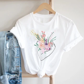 Moterų trumpomis Rankovėmis Mujer Camisetas Gėlių Ponios Gėlių Stiliaus 90-ųjų Mados Drabužius Spausdinti Marškinėlius Moterų Tee Viršuje Grafinis T-shirt