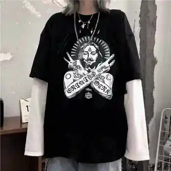 NiceMix Rudenį Harajuku Angelas Laišką Juostele Kratinys Moterys T-shirt O-Kaklo, ilgomis Rankovėmis Atsitiktinis Palaidų Moterų Marškinėliai Tee Viršų