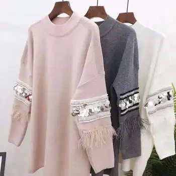 Nauja Rudens Elegantiškas China Aplikacijos moterims megztiniai ir puloveriai) su Plunksna Kutas ilgomis rankovėmis megztinis (puloveris) moterų prarasti džemperiai