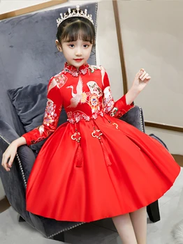 Satino Oficialų Suknelė Mergaitėms Kinų Stiliaus Vestuvių Princesė Vaikams Kalėdų Dovana Prom Mergaičių Suknelės, Šaliai, Vaikams, Naujų Metų Drabužių