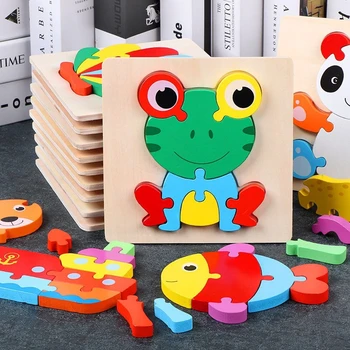 Animacinių filmų Gyvūnų Dėlionės Medinės 3D Puzzle Dėlionės vaiko Mokymosi Žaislai, Montavimas Žvalgybos Vaikai Montessori Anksti Švietimo Žaislai