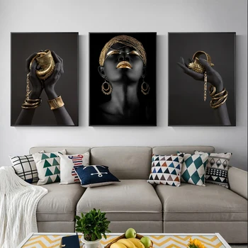 Juodos ir Aukso Vertus Afrikos Nuogas Contemplator Moteris, Aliejus, Tapyba ant Drobės, Plakatų ir grafikos Sienos Meno Nuotrauka už Kambarį
