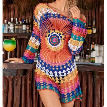 Seksualus Rainbow Beach Suknelė Tunika Moterų 2020 M. Nėrimo Megzti Bikini Padengti Iki Paplūdimio Drabužiai Ilgai Medvilnės Pareo Vasaros Maudymosi Kostiumėlį, Padengti Ups