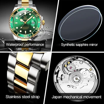 TDO 2020 Prabangių Vyrų Mechaninis Laikrodis Nerūdijančio Plieno Žiūrėti Top Brand Safyro Stiklas Vyrų Laikrodžiai reloj hombre G6084