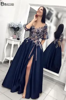 Tamsiai Mėlyna Siuvinėjimo Satino Vakare Gown 2020-Line Seksualus Padalinta Nėrinių Prom Dresses Ilgai su Kišenėmis Pusė Rankovių vakarinę Suknelę