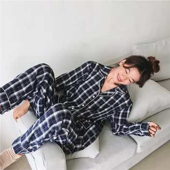 Studentų pižama nustatyti pavasarį moterys pledas namuose nustatyti sleepwear 2 dalių komplektas atlapas apykakle palaidinė pižamos kelnės pijamas namų kostiumas Y249