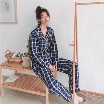 Studentų pižama nustatyti pavasarį moterys pledas namuose nustatyti sleepwear 2 dalių komplektas atlapas apykakle palaidinė pižamos kelnės pijamas namų kostiumas Y249