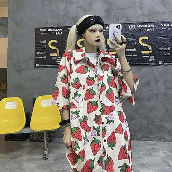 2020 Metų Vasaros Braškių Atspausdintas Trumpas Rankovės Marškinėliai Moterims Korėjos Priežastinis Palaidinė Viršūnes Animacinių Filmų Prarasti Blusas Feminimos
