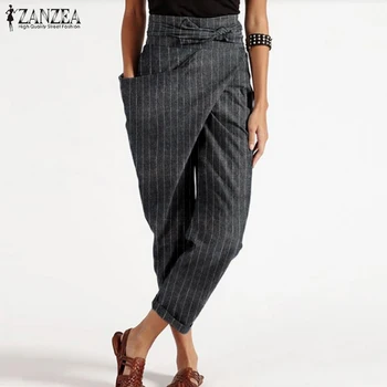 Moterų Dryžuotos Kelnės ZANZEA 2021 Stilingas Asimetriškas Haremo Kelnės Priežastinis Nėrinių Ilgai Pantalon Palazzo Moterų Plius Dydis Ropė