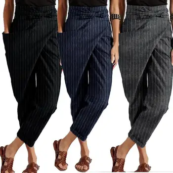 Moterų Dryžuotos Kelnės ZANZEA 2021 Stilingas Asimetriškas Haremo Kelnės Priežastinis Nėrinių Ilgai Pantalon Palazzo Moterų Plius Dydis Ropė