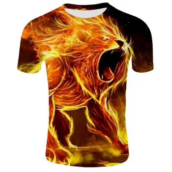Liepsnos Liūtas marškinėliai Atsitiktinis marškinėliai vyriški T-shirt 3D Viršūnes ir Įdomus marškinėliai trumpomis Rankovėmis Marškinėliai, Ponios Harajuku T-shirt