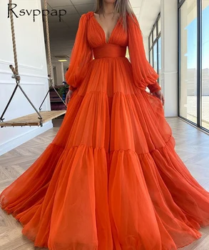 Ilgas Elegantiškas vakarinę Suknelę 2020 V-kaklo Linijos Long Sleeve Orange Šifono Dubajaus Moterų Oficialus vakarėlis Lidies Chalatai