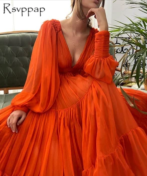 Ilgas Elegantiškas vakarinę Suknelę 2020 V-kaklo Linijos Long Sleeve Orange Šifono Dubajaus Moterų Oficialus vakarėlis Lidies Chalatai