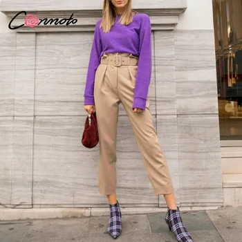 Conmoto Naujas mados moterų atsitiktinis ziajać Rudenį aukšto juosmens susiėmę kelnės Streetwear varčios diržo apdailos ponios darbo kelnės 2020 m.