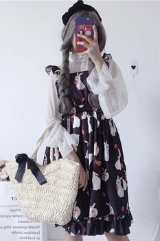 Moko Lolita Dress Saldus Triušis Mielas Japonijos Kawaii Merginos Princesė Tarnaitė Derliaus Gotikos Spausdinti Nėrinių Rankovių JSK Vasaros suknelė
