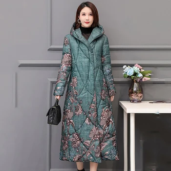 Kinų Stiliaus Moterų Žiemos Žemyn Striukė X-ilgai Spausdinimo Plius Dydis Storio Outwear Gobtuvu nesupakuoti, Kuriems Mygtuką Moterų Šalto Kailis
