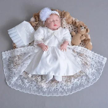 Hign Kokybės Baby Girl Suknelė su Shwal + Hat Merginos Gimtadienio Krikšto Krikštynų Suknelė Kūdikių Krikštas Nėrinių Suknelė Nustatyti
