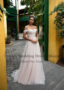 Verngo Dulkių Rožinės spalvos Tiulio Linijos Vestuvių Suknelė iki 2021 m. Princesė nuo Peties Klostes Satino Varčios Elegantiškas Corseted Vestuvinės Suknelės