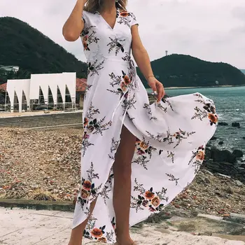 Paplūdimio Suknelė Tunikas Vasaros Gėlių Šifono Suknelės Moterims Ilgos, Baltos, Juodos Spalvos Gėlių V Aukšto Juosmens Wrap Boho Bohemijos Skraiste 