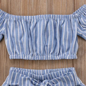 Citgeett Baby Kid Mergina Off peties Viršūnės Dryžuotos Mėlynos spalvos marškinėliai Atsitiktinis Juostele Bowknot Kelnes Komplektus Mielas Rinkiniai