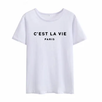Femme, O-kaklo Prarasti Atsitiktinis Marškinėliai Moterims Juoda Balta Moteris Marškinėliai Viršuje Sest La Vie Paryžiaus Marškinėliai Moterims Spausdinti Medvilnės Marškinėliai