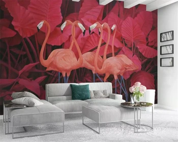 Beibehang Tapetai, freskos raudona tropinių augalų lapai flamingo TV foną, sienos, namų dekoro gyvenimo kambario, miegamasis 3d tapetai