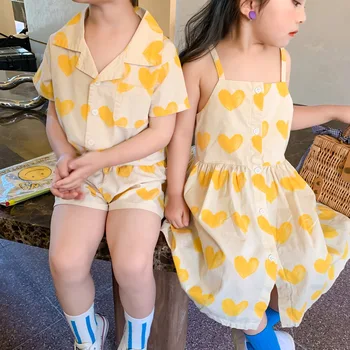 Korėjos Stiliaus Vasaros Berniukų Širdies Spausdinti Drabužių Rinkiniai Naujų Mergaičių Mados Vieno Krūtinėmis Slydimo Suknelė