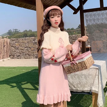 Japonijos saldus mielas mažai šviežių golfo megztinis, sijonas studentų vidutinės trukmės laisvi megzti suknelę viktorijos suknelė kawaii girl