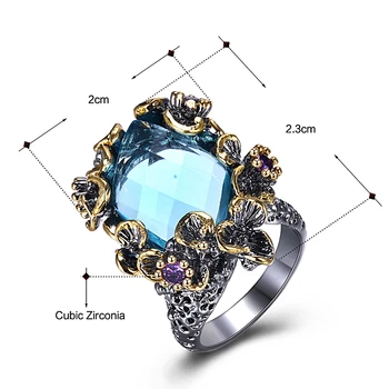 Fantastinis didelis stačiakampis, mėlyna kristalų žiedai madinga papuošalai juoda sidabrą, greitas pristatymas aukštos kokybės juvelyriniai dirbiniai didelis žiedas gėlė