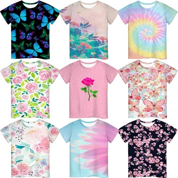 Vasaros Mielas Gėlių Drugelis 3D Print T Shirt Mergaičių Paauglių Camiseta Vaikams Spalvingus Marškinėlius Vaikų Tee Viršūnes Bamblys T-shirt