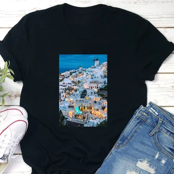 Santorini marškinėliai moterims atostogų naujų korėjos moteriški drabužiai, spausdinimo gotikos plius dydis derliaus tee savo kelionę 2019 harajuku