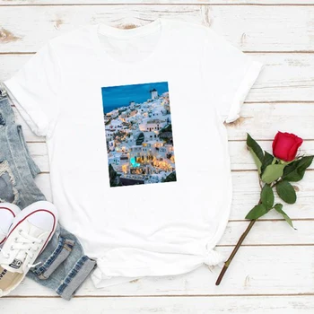 Santorini marškinėliai moterims atostogų naujų korėjos moteriški drabužiai, spausdinimo gotikos plius dydis derliaus tee savo kelionę 2019 harajuku